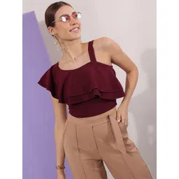 Veni Vidi Vici Maroon Shoulder Straps Ruffles Crop Top-picture-14