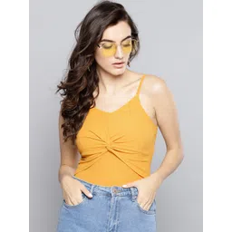 Veni Vidi Vici Mustard Yellow Twisted Cropped Fitted Top-picture-33