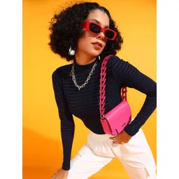 Veni Vidi Vici Navy Blue Striped Slim-Fit Bodysuit-image-33