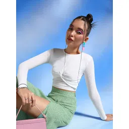 Veni Vidi Vici Off White Round Neck Long Sleeves Gathered Fitted Crop Top-picture-25