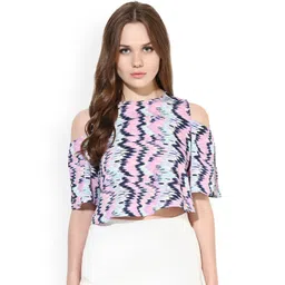 Veni Vidi Vici Women Pink & Blue Printed Crop Top-image-7