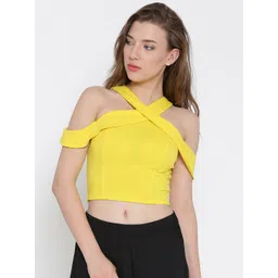 Veni Vidi Vici Women Yellow Cold Shoulder Crop Fitted Top-picture-28