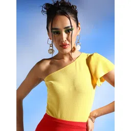 Veni Vidi Vici Yellow Frilled One Shoulder Slim-Fit Bodysuit-image-24