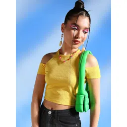 Veni Vidi Vici Yellow Self Design Cold-Shoulder Sleeves Crop Top-picture-41