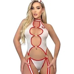 veostory Hotline Nurse Fantasy Cut-Out Bodysuit Lingerie|Medium Black and Red. (Black and Red, M)-picture-12