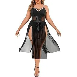 veostory Plus Size Sheer Mesh Bodysuit with Corset Detail and High Slit Dress, Black (Black, Double Extra Large)-picture-16