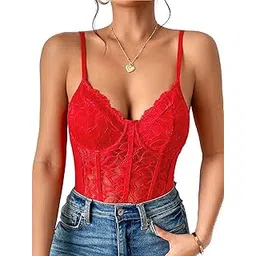 veostory Women's Floral Lace Sheer Mesh Corset Bodysuit Spaghetti Strap Cami Top-picture-13