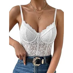 veostory Women's Floral Lace Sheer Mesh Corset Bodysuit Spaghetti Strap Cami Top-picture-17