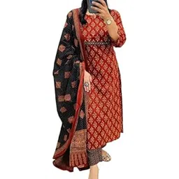 veqreqmeq Traditional Ethnic Printed Kurta Palazzo Set with Contrast Dupatta, 3/4 Sleeves-picture-24