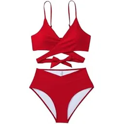 Women's Black Two-Piece Swimsuit, High-Waisted Bottom, Wrap-Style (in, Alpha, S, Regular, Maroon)-image-20