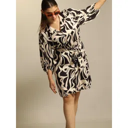 VERO MODA CURVE Abstract Printed Lapel Collar Bishop Sleeve Tie-Up Detailed A-Line Dress-picture-12
