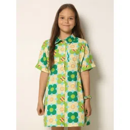 VERO MODA GIRL Green & Cream Cotton Floral Print Shirt Dress-picture-15