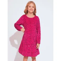 VERO MODA GIRL Kids Raspberry Sorbet Embellished Full Sleeves A-Line dress-picture-33