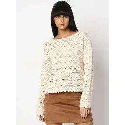 Vero Moda Beige Cotton Self Design Pullover image 2