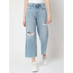 Vero Moda Blue Cotton Distressed Relaxed Fit High Rise Jeans-picture-38