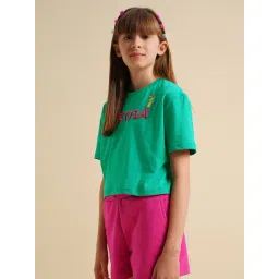 Vero Moda Girls Vivid Green Typographic Boxy Green T-shirt-picture-37