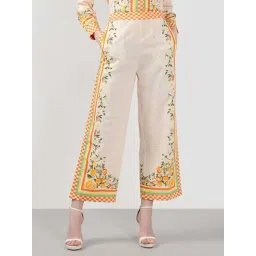 Vero Moda Off White & Yellow Cotton Straight Fit Floral Print Trousers-picture-42