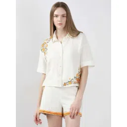 Vero Moda Off White Cotton Regular Fit Embroidered Shirt-picture-31