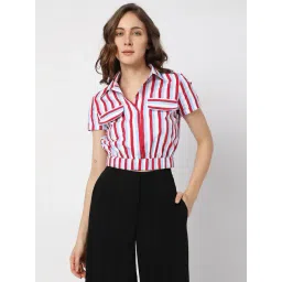 Vero Moda Red & Blue Cotton Striped Crop Shirt-picture-13