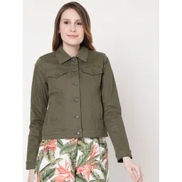 Vero Moda Women Olive Green Crop Denim Jacket-picture-11