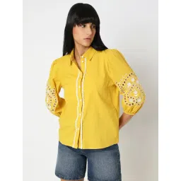 Vero Moda Yellow & White Cotton Embroidered Shirt-picture-21