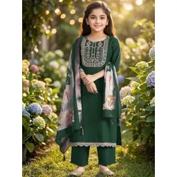 Vetrokart Girls Ethnic Motifs Embroidered Regular Thread Work Kurta with Palazzos & With Dupatta-picture-42