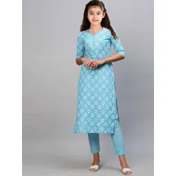 Vetrokart Girls Floral Printed Regular Raw Silk Kurta with Trousers-picture-52