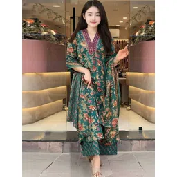 Vetrokart Girls Floral Printed Regular Raw Silk Kurta with Trousers & With Dupatta-picture-49