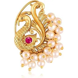 vfj vighnaharta fashion jewellery VFJ VIGHNAHARTA FASHION JEWELLERYGold Plated with Pearl Alloy and Artificial Red stone Non Piercing Maharashtrian Nath Nathiya./ Nose Pin valentine day gift valentineday gift for her gift for him gift for women gift for women {VFJ1134NTH-Press-Red }-picture-13