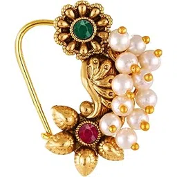 vfj vighnaharta fashion jewellery Vighnaharta Gold Plated Pearls (Moti) with Artificial stone Alloy Maharashtrian Cultural Nath Nathiya./ Nose Pin for women[VFJ1286NTH-TAR]-picture-39