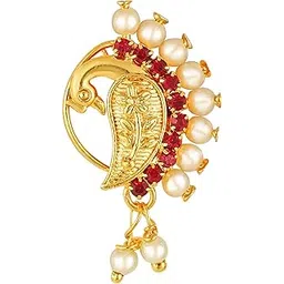 vfj vighnaharta fashion jewellery Vighnaharta Gold Plated Red Stone with Peals Alloy Maharashtrian Nath Nathiya./ Nose Pin valentine day gift valentineday gift for her gift for him gift for women gift for women VFJ1006NTH-Press-picture-29