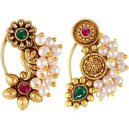 vfj vighnaharta fashion jewellery Vighnaharta Golden Moti Pearls Nath Nathiya nose pin Gold Plated Alloy two Nose Ring for women [VFJ1180-1168NTH-Press-Multi]-picture-25