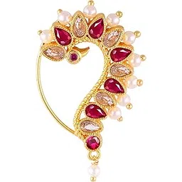 vfj vighnaharta fashion jewellery Vighnaharta Mayur with Pearl Alloy and CZ Red stone Non Piercing Maharashtrian Nath Nathiya./ Nose Pin valentine day gift valentineday gift for her gift for him gift for women gift for women {VFJ1147NTH-Press }-picture-13