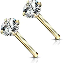 316L Stainless Steel Gold Plated No-Tarnish No-Rusting 3mm Prong Set Nose Stud For Women And Girls (NR0348) 2 Pcs-image-31