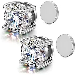 No-Tarnish No-Rusting Round 6mm Clip-On No-Piercing Required Clear White Crystal Magnetic Ear Stud Earrings For Men And Women (ER2659) 1 Pair-image-3