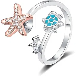 via mazzini Silver Plated 'Ocean Serenity' Starfish & Turtle Design Rotatable Spinner Stress Relief Anti Anxiety Calming Worry Relief Meditation Fidget Ring For Women and Girls (Ring0831) - US Size 7-picture-40