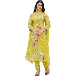 vibe vision 3-Piece Women's Kurta Set - Cotton Blend Round Neck Printed Straight Kurta & Trousers with Silk Chiffon Dupatta-picture-11