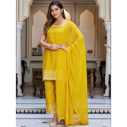 VIBE VISION Women Ethnic Motifs Embroidered Regular Thread Work Kurta with Trousers & With Dupatta-picture-33