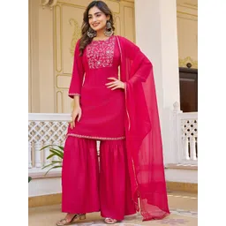 VIBE VISION Women Ethnic Motifs Embroidered Regular Thread Work Pure Silk Kurta with Sharara & With Dupatta-picture-39
