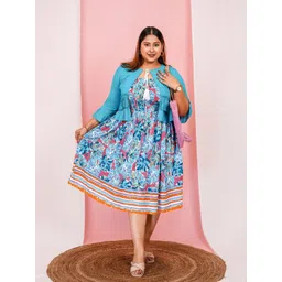 vibes by deebaco DEEBACO Plus Size Tropical Printed Cotton Fit & Flare Midi Dress With Shrug-picture-23