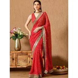Vibhagyaa Woven Design Mirror Work Poly Georgette Heavy Work Saree image 1