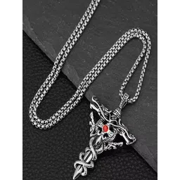 Vientiq Men Oxidised Silver Double Dragon Sword Angle Retro Cross Pendant Chain Necklace-picture-17