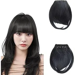 VIEWS Black Double Clip in Bangs- Synthetic Hair Bangs Clip in Hair Extensions Wispy Bangs Clip On Air Bangs for Girls & Women Fringe With Temples Hairpieces (Pack of 1)-picture-31