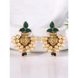 Vighnaharta Gold-Plated Stones Studded & Pearls Beaded Contemporary Shaped Drop Earrings-picture-25