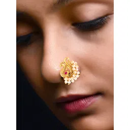 Vighnaharta Set Of 2 Gold-Plated Pearl Beaded Nosepin image 5