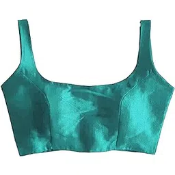 vihu fashion Women's Multicolor Broad Round Front Back Neck Phantom Silk Sleevless Readymade Blouse for Saree and Lehenga Choli (Rama)-picture-10