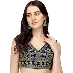 vihu fashion Women's Silk Embroidery Sequins Zari Work Readymade Saree Blouse-picture-31