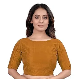 vihu fashion Women's Slub Silk Boat Neck with Elbow Length Sleeve Plain Fancy Blouse-picture-1