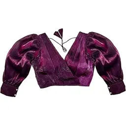 vihu fashion Zimmi Organza Weaving Full Balloon Sleeve Pann Neck Trendy Blouse (Balloon Wine 38)-picture-5