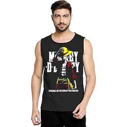 vikclique Anime One Piece Luffy Zoro Three Swords Style Cotton Blend Printed Sleeveless Tshirt, Vest, Sando Black T-Shirt for Men's/Boy's-picture-35
